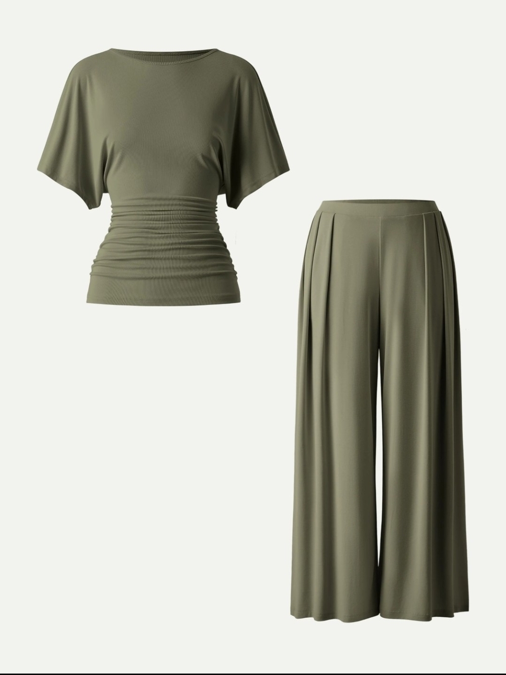 OGL 2Pcs Olive Set Boatneck Batwing Sleeve Top & Wide Leg Palazzo Pant w Pockets